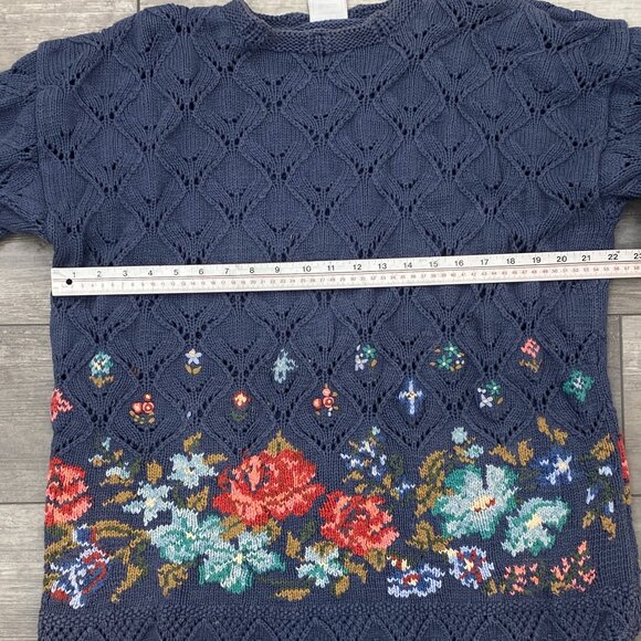 Vintage Laura Ashley Sz L Blue Sweater Cotton Cable Knit & Embroidery Oversized - Picture 15 of 15
